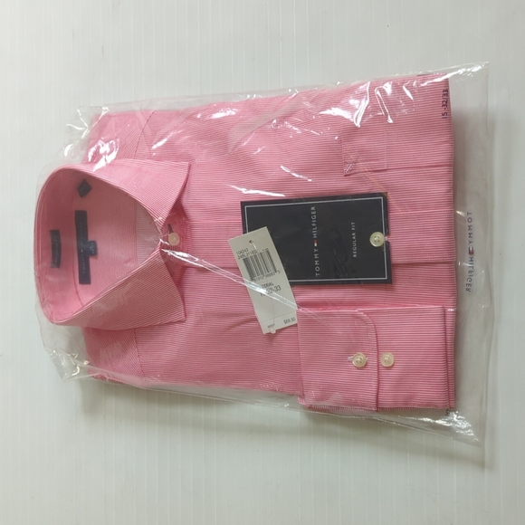 Tommy Hilfiger Men's Long Sleeve Shirt Coral pink White Striped Size 15 32-33 - Picture 7 of 8